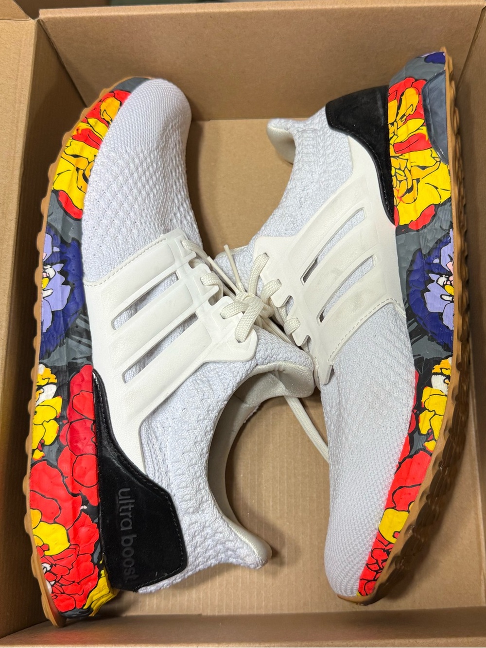 adidas Ultra Boost White Knit Sneakers with Multicolor Floral Midsole size 9
